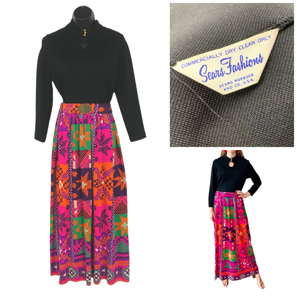 True Vintage 1970's Sears Fashions Sz 12 Maxi Dress Hostess Gown Psychedelic NEW